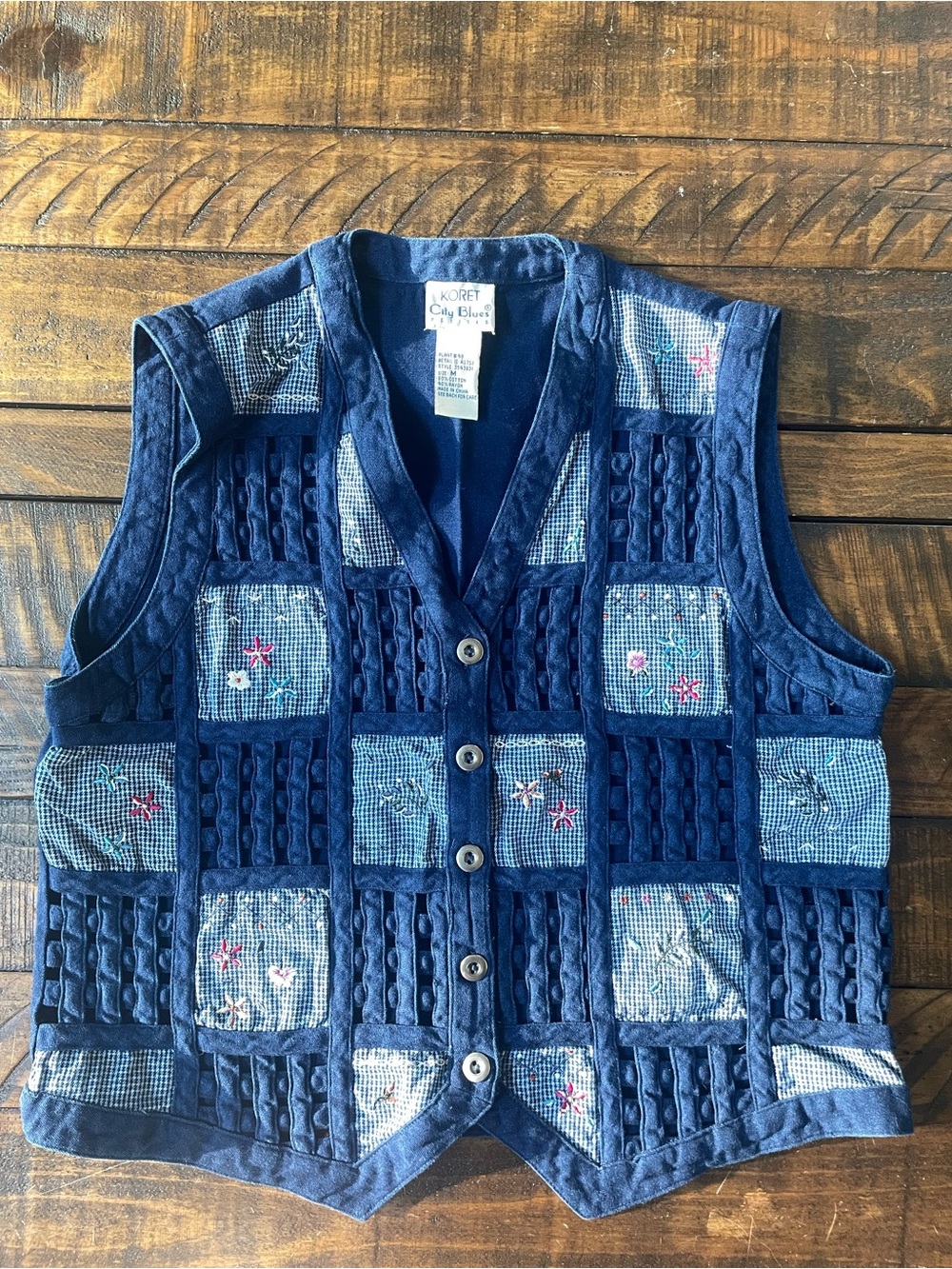 Blue Patchwork Vest with Floral and Woven Accents - Eclectic 90s Country Grandma
